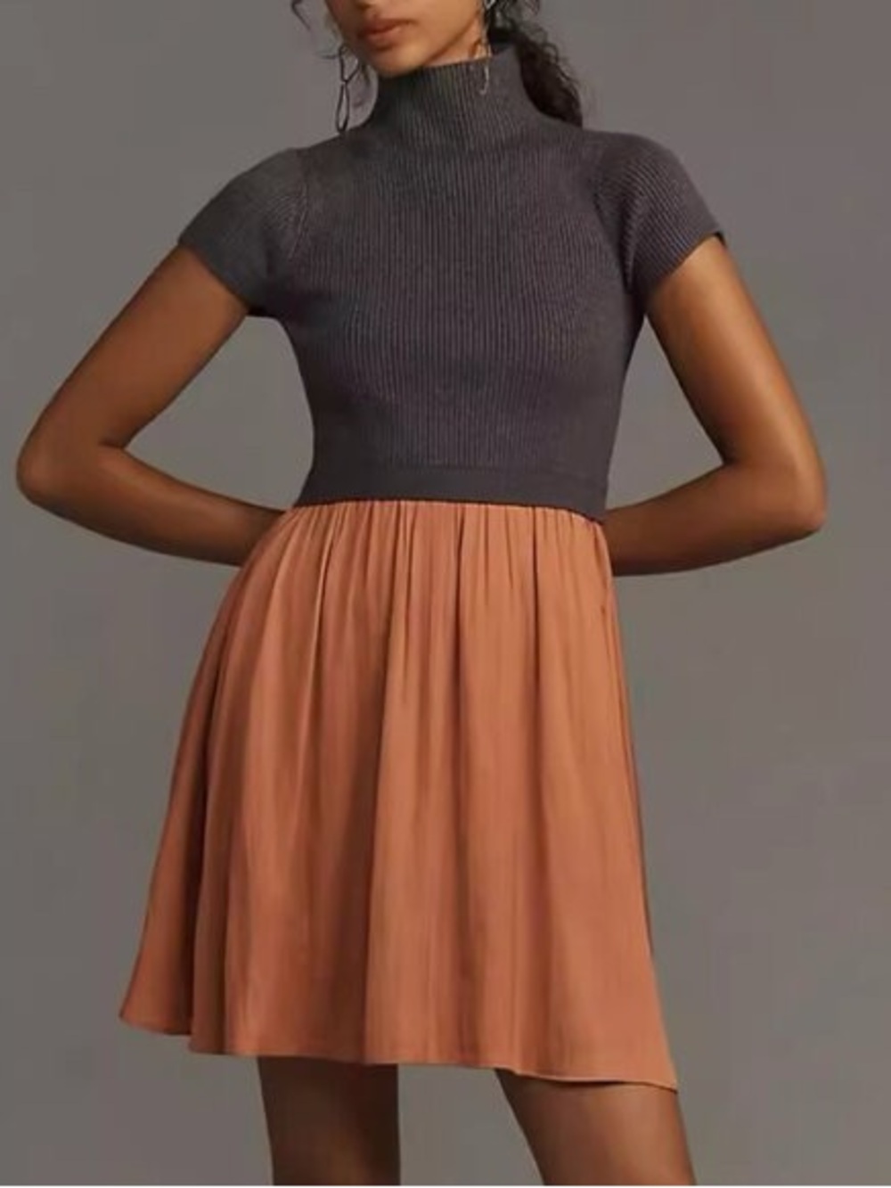 Anthropologie NWT Thea Short-Sleeve Twofer Knit Sweater Gray Mini Dress